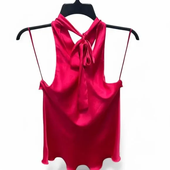 Hot pink ruffle blouse with adjustable criss cross strap, halter top style. - Picture 8 of 8